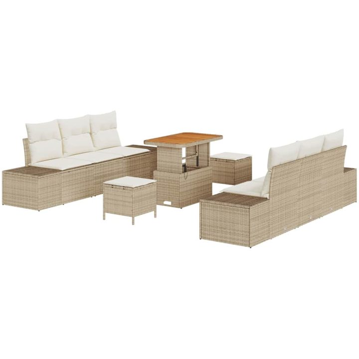 9-delad trädgårdsoffasett med kuddar beige poly rotting akacia vidaXL Stor – bild 2