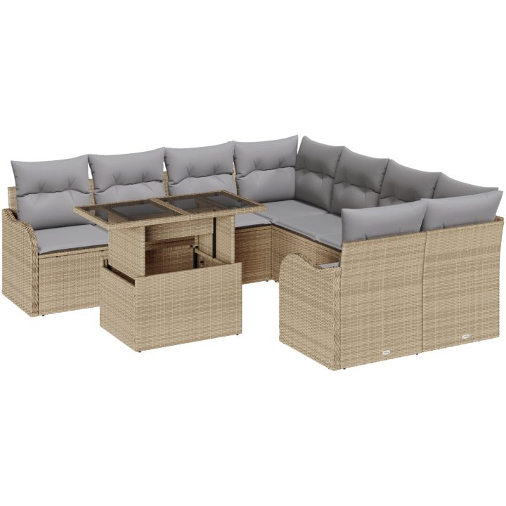 9-delad trädgårdsoffasett med kuddar beige polyrotting vidaXL Medium – bild 2