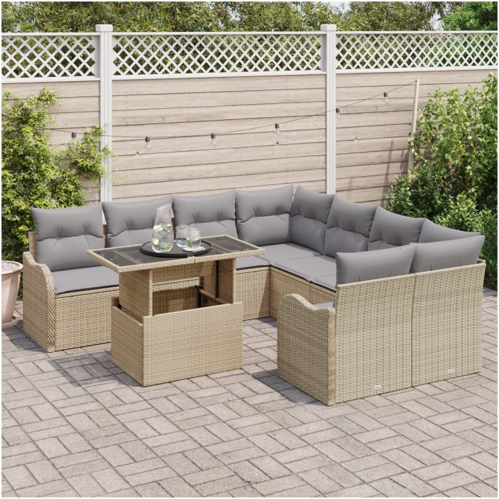9-delad trädgårdsoffasett med kuddar beige polyrotting vidaXL Medium – bild 3