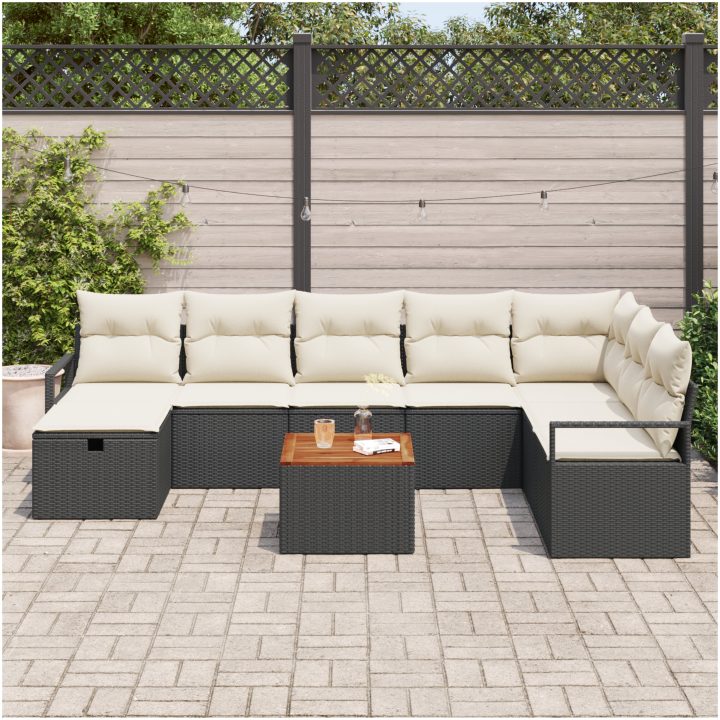 9-delad trädgårdsoffasett med kuddar Svart Poly Rattan vidaXL Stor – bild 3