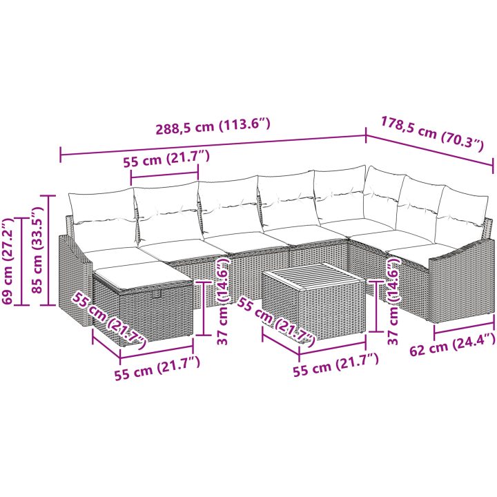 9-delad trädgårdsoffgrupp med kuddar Beige Poly Rattan vidaXL 55 x 55 x 37 cm – bild 11