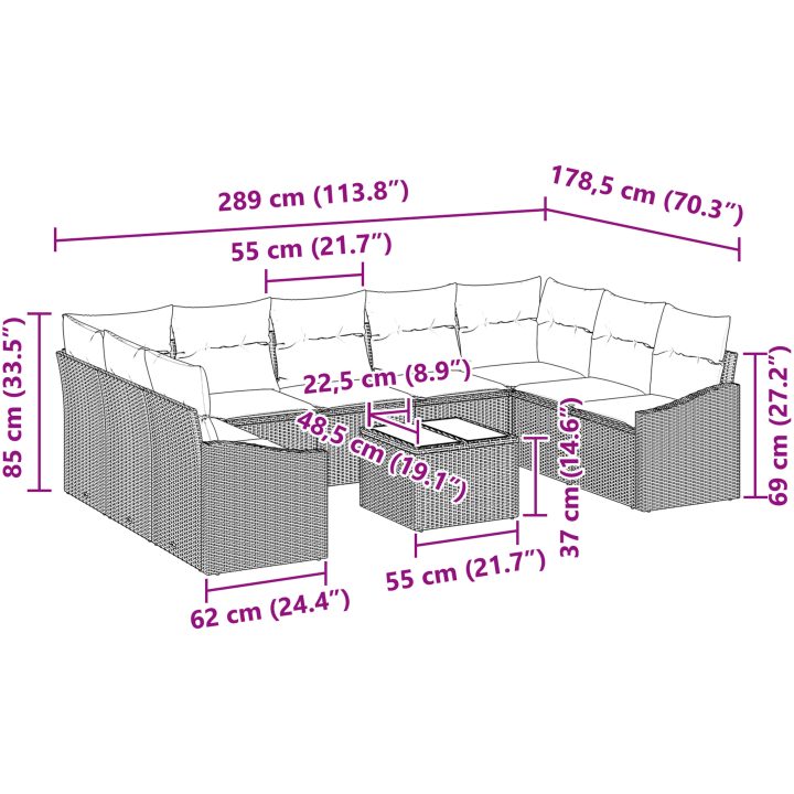 9-delad Trädgårdsoffgrupp med Kuddar Grå Poly Rottning vidaXL 289 x 178.5 x 85 cm – bild 9