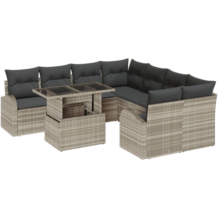 9-delad trädgårdsoffgrupp med kuddar i ljusgrå poly-rattan vidaXL 100 x 55 x 73 cm – bild 2
