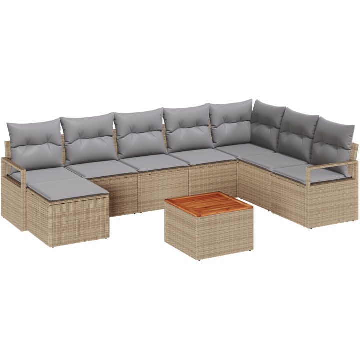 9-delad trädgårdsoffset med kuddar beige poly rotting akacia vidaXL Stor – bild 2