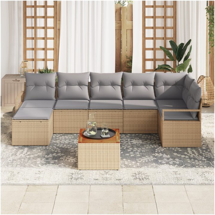 9-delad trädgårdsoffset med kuddar beige poly rotting akacia vidaXL Stor – bild 3