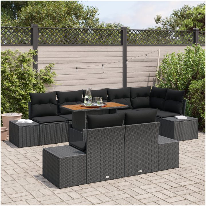 9-delad trädgårdsoffset med kuddar i svart poly-rattan. vidaXL 100 x 55 x 73 cm – bild 3