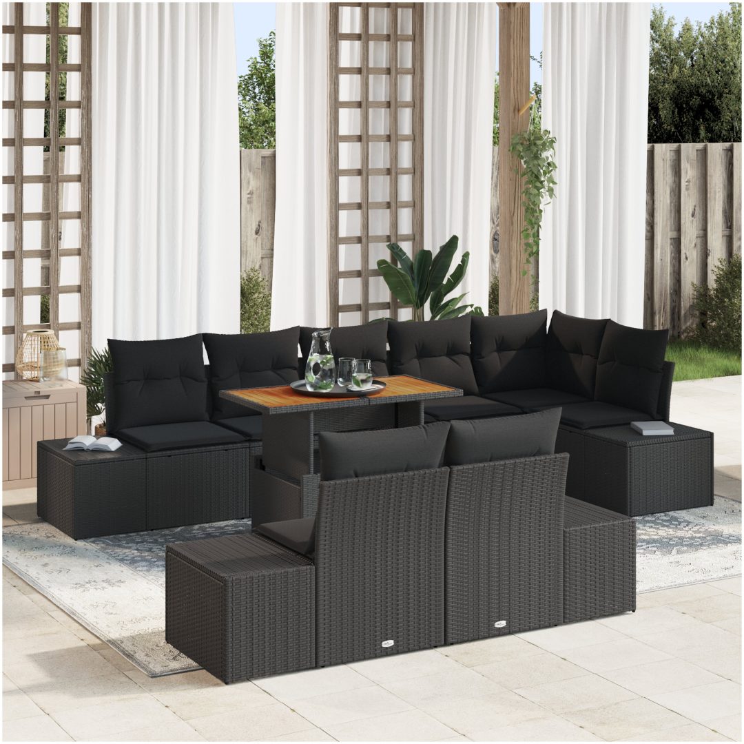 9-delad trädgårdsoffset med kuddar i svart poly-rattan. vidaXL 100 x 55 x 73 cm