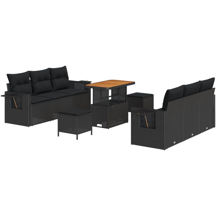 9-delad trädgårdsoffset med kuddar Svart Poly Rattan Akacia vidaXL Medium – bild 2