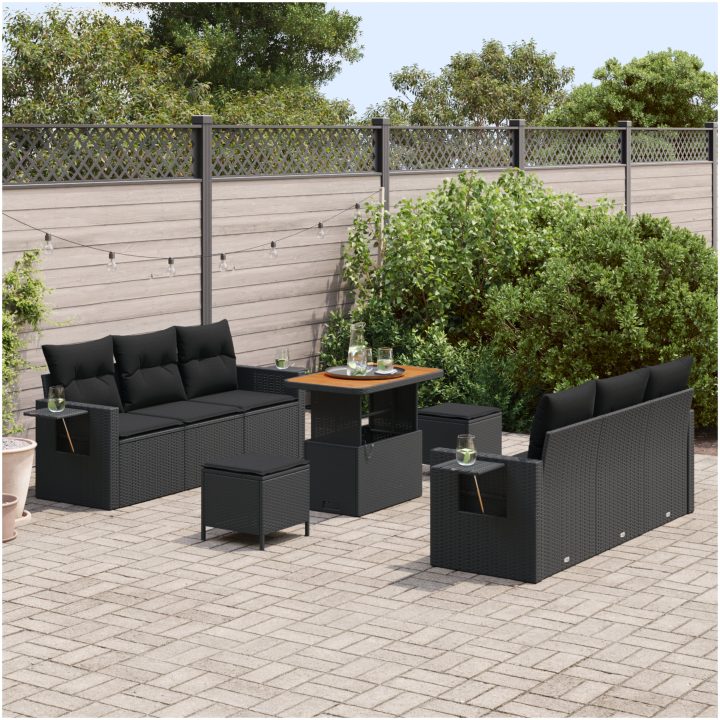 9-delad trädgårdsoffset med kuddar Svart Poly Rattan Akacia vidaXL Medium – bild 3