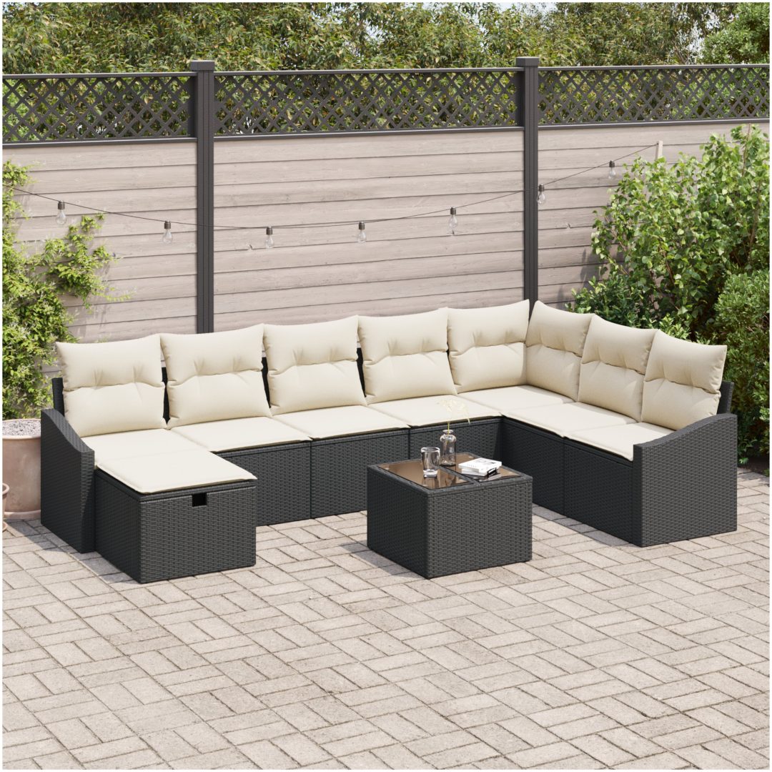 9-delad trädgårdsoffset med kuddar svart poly rattan vidaXL 55 x 62 x 69 cm