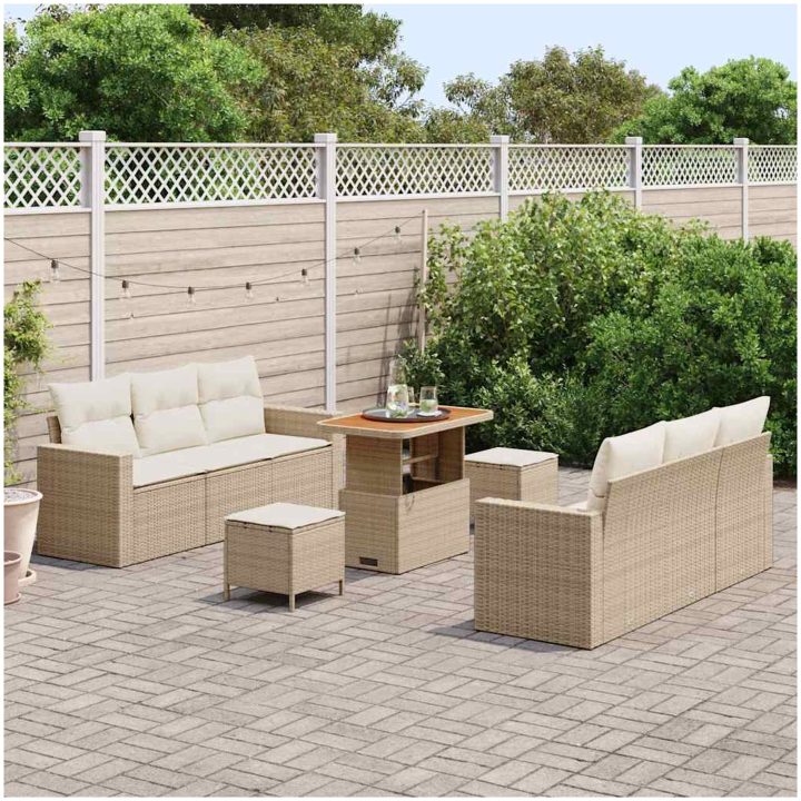 9-delad Trädgårdsoffuppsättning med Kuddar Beige Poly Rattan Akacia vidaXL Stor – bild 3