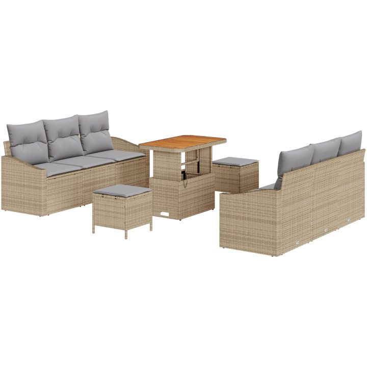 9-delad trädgårdssoffa med kuddar beige poly rattan acacia vidaXL Stor – bild 2