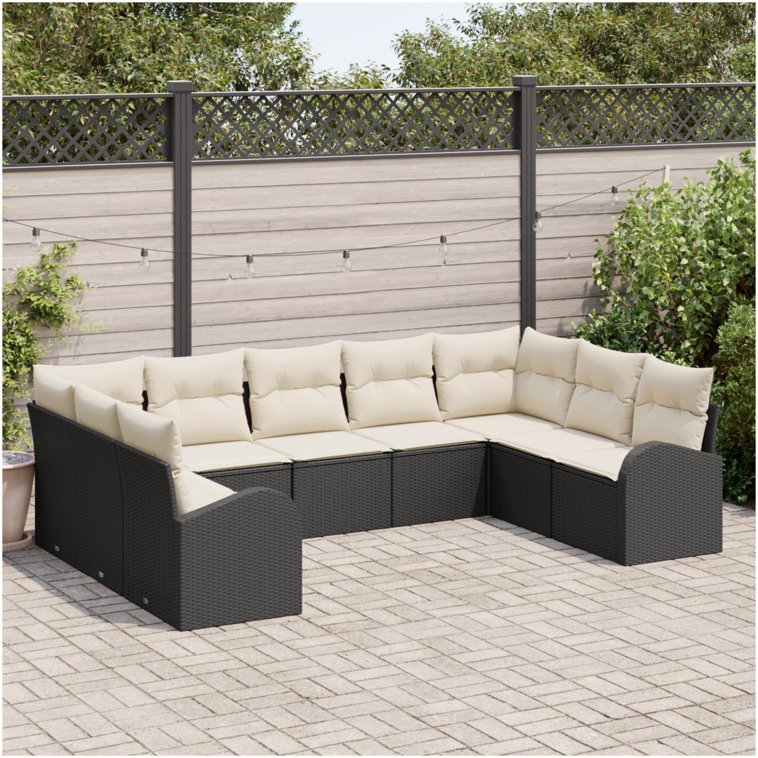 9-delad Trädgårdssoffa Set med Kuddar Svart Poly Rattan vidaXL 289 x 179 x 85 cm