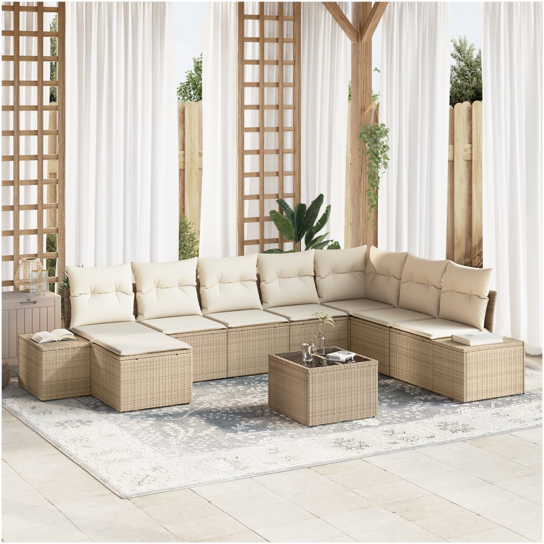 9-delad trädgårdssoffgrupp med kuddar - Brun poly rattan vidaXL 319 x 209 x 85 cm