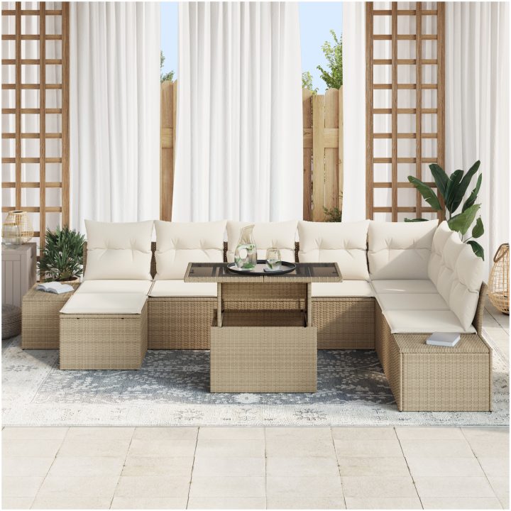 9-delad trädgårdssoffgrupp med kuddar i beige poly rattan vidaXL 100 x 55 x 73 cm – bild 3