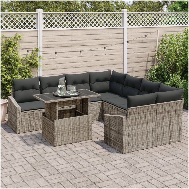 9-delad trädgårdssoffset med kuddar grå poly rattan vidaXL 100 x 55 x 73 cm – bild 3