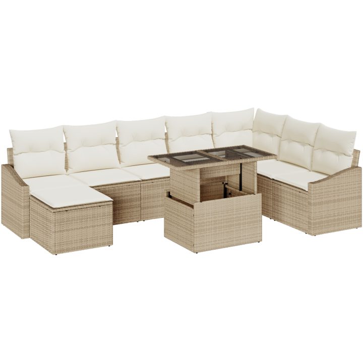 9-delad trädgårdssoffuppsättning med kuddar i beige poly Rattan vidaXL 100 x 55 x 73 cm – bild 2