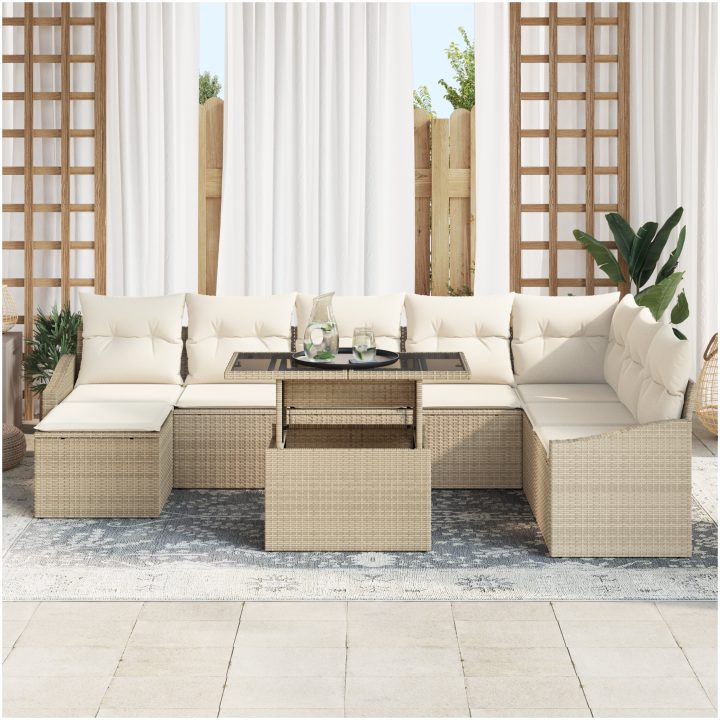 9-delad trädgårdssoffuppsättning med kuddar i beige poly Rattan vidaXL 100 x 55 x 73 cm – bild 3