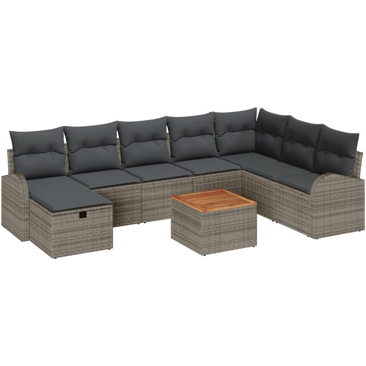 9-delad trädgårdsssofa set med kuddar Grå Polyrotting vidaXL Stor – bild 2