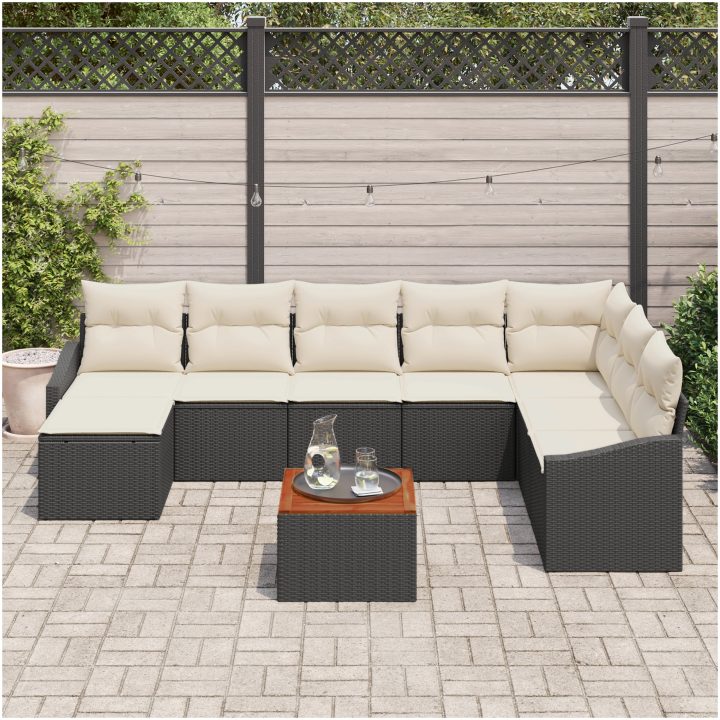 9-delad uteserveringssoff-set med kuddar, svart poly-rattan och akaciaträ vidaXL 55 x 55 x 37 cm – bild 3