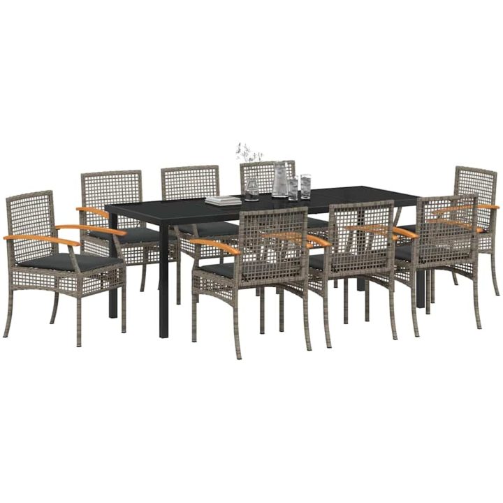 9-delade Trädgårds Matset Med Kuddar Grå Poly Rattan vidaXL 200 x 80 x 73 cm – bild 3