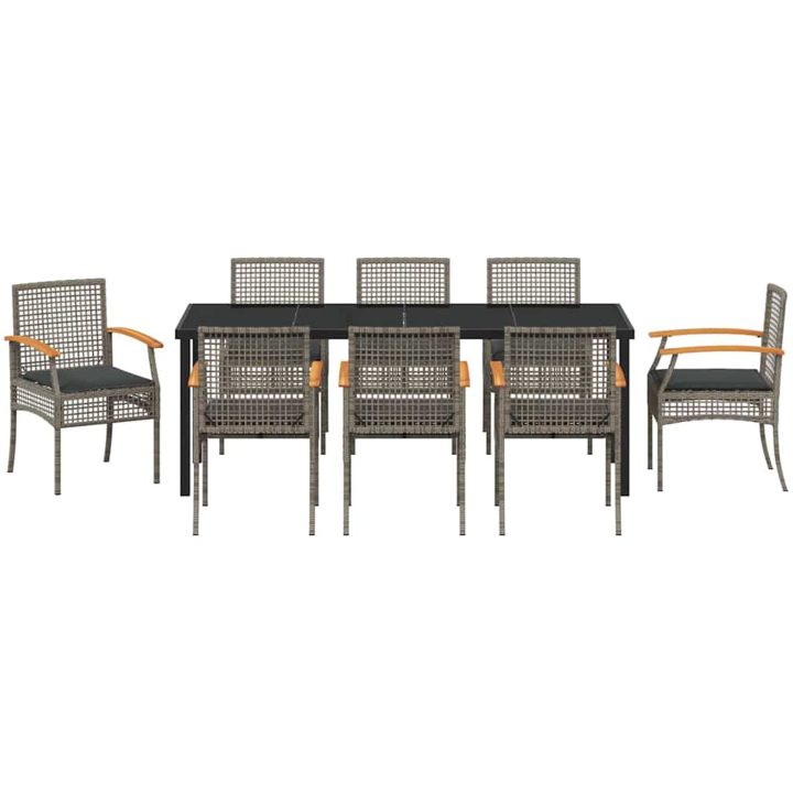 9-delade Trädgårds Matset Med Kuddar Grå Poly Rattan vidaXL 200 x 80 x 73 cm – bild 6
