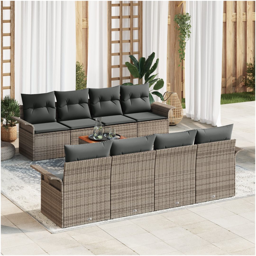 9-delade trädgårdsoffaset med kuddar grå poly rattan akacia vidaXL 55 x 55 x 37 cm