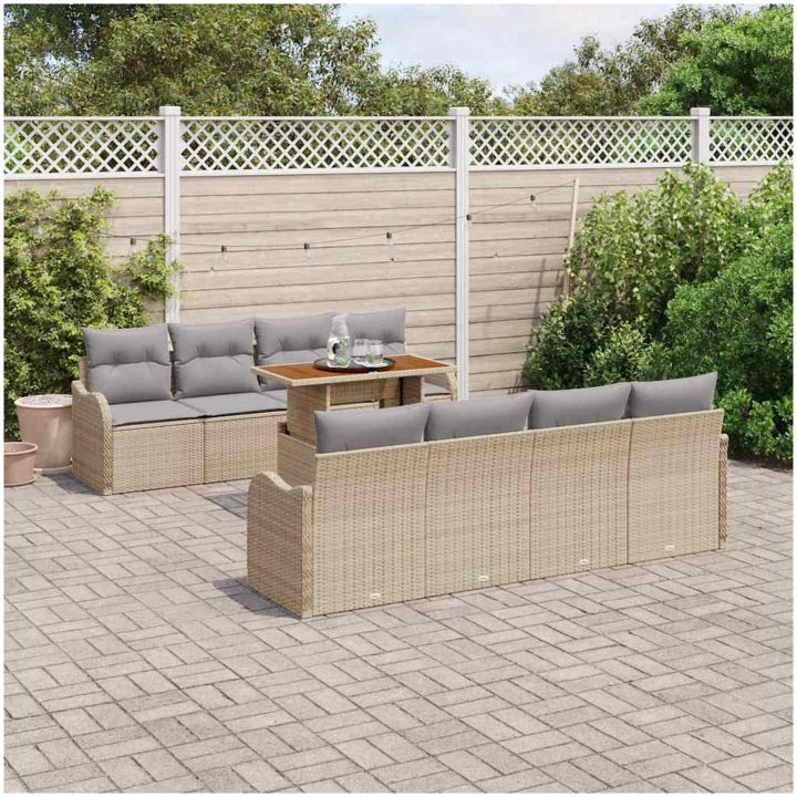9-delade Trädgårdsoffset med Kuddar Beige Poly Rattan Akacia vidaXL Stor – bild 3