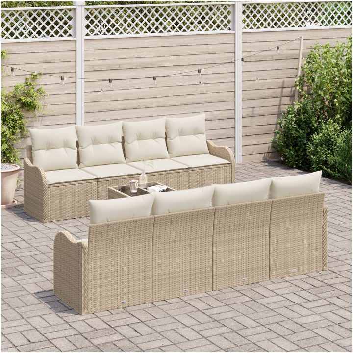 9-delade trädgårdsoffuppsättning med kuddar Beige Poly Rattan vidaXL Stor – bild 3