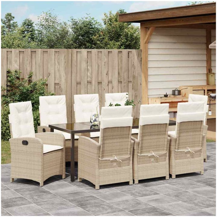 9 delar trädgårds dining set med kuddar beige poly rattan vidaXL 200 x 80 x 73 cm – bild 4