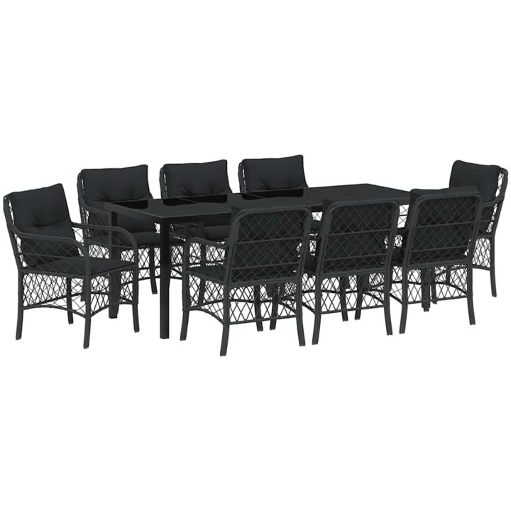 9 delar trädgårdsdining set med kuddar svart poly rattan vidaXL 200 x 80 x 73 cm – bild 2
