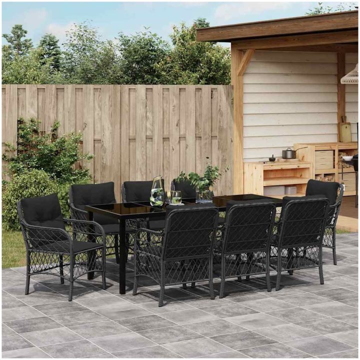 9 delar trädgårdsdining set med kuddar svart poly rattan vidaXL 200 x 80 x 73 cm – bild 4