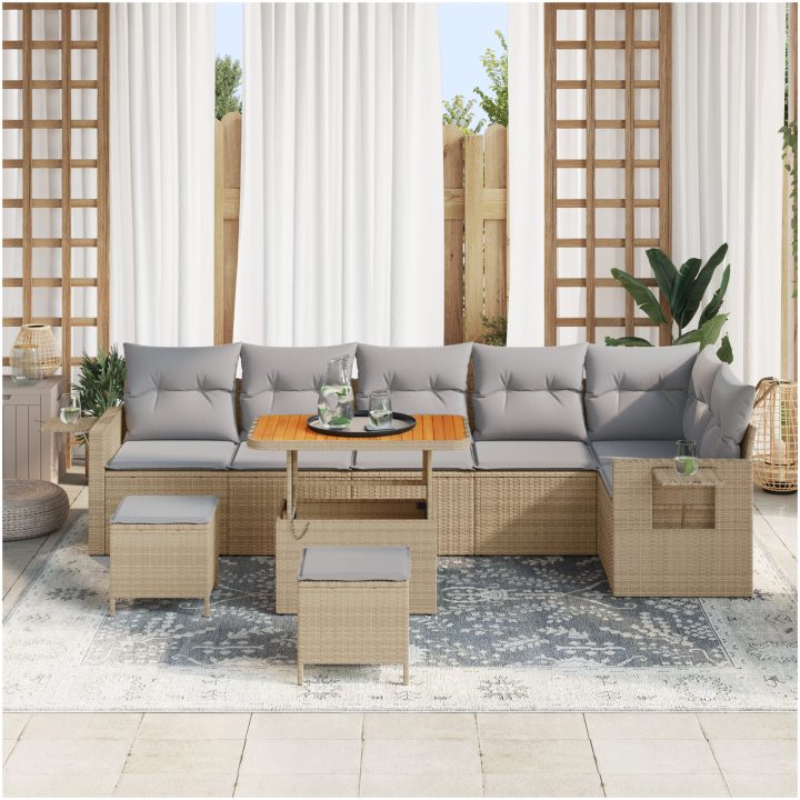 9 Delar Trädgårdsofa Set med Kuddar Beige Poly Rattan Akacia vidaXL Stor – bild 3