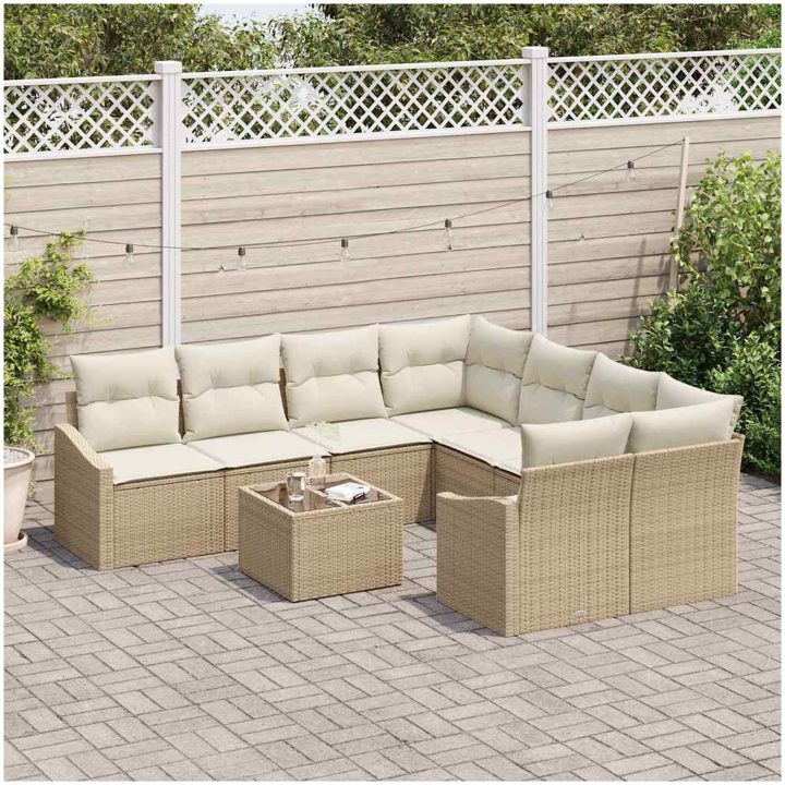 9-delar Trädgårdsofa Set med Kuddar Beige Poly Rattan vidaXL 55 x 55 x 37 cm – bild 3