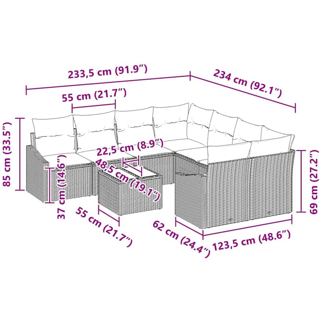 9-delar Trädgårdsofa Set med Kuddar Beige Poly Rattan vidaXL 55 x 55 x 37 cm – bild 9