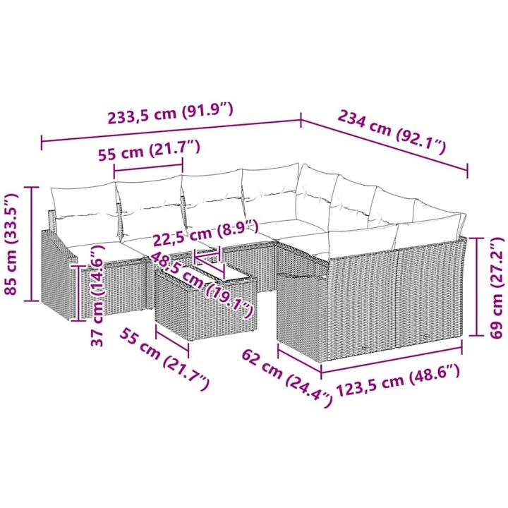 9-delar Trädgårdsofa Set med Kuddar Beige Poly Rattan vidaXL 55 x 55 x 37 cm – bild 9