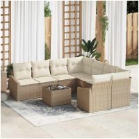 9-delar Trädgårdsofa Set med Kuddar Beige Poly Rattan vidaXL