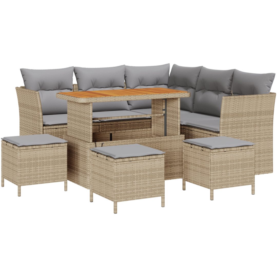 9 Delar Trädgårdsoff Set med Kuddar Beige Poly Rattan Akacia vidaXL Exakta mått på setet – bild 2