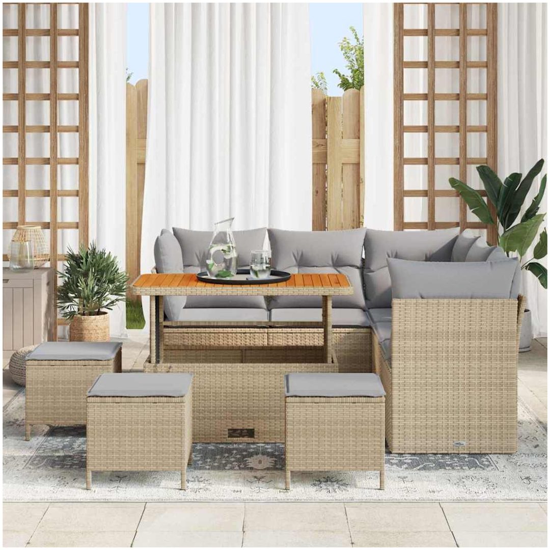 9 Delar Trädgårdsoff Set med Kuddar Beige Poly Rattan Akacia vidaXL Exakta mått på setet – bild 3