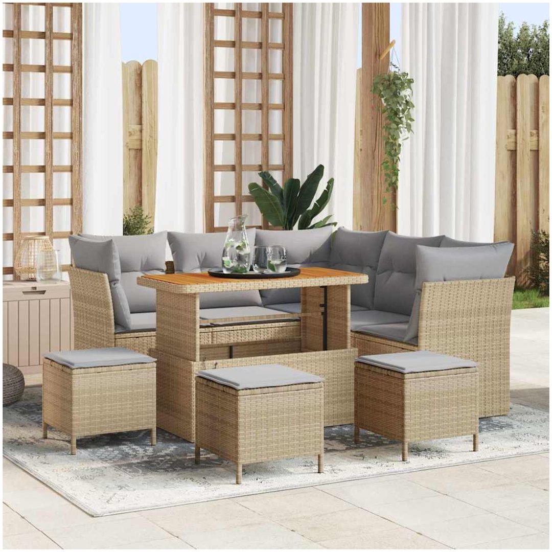 9 Delar Trädgårdsoff Set med Kuddar Beige Poly Rattan Akacia vidaXL Exakta mått på setet