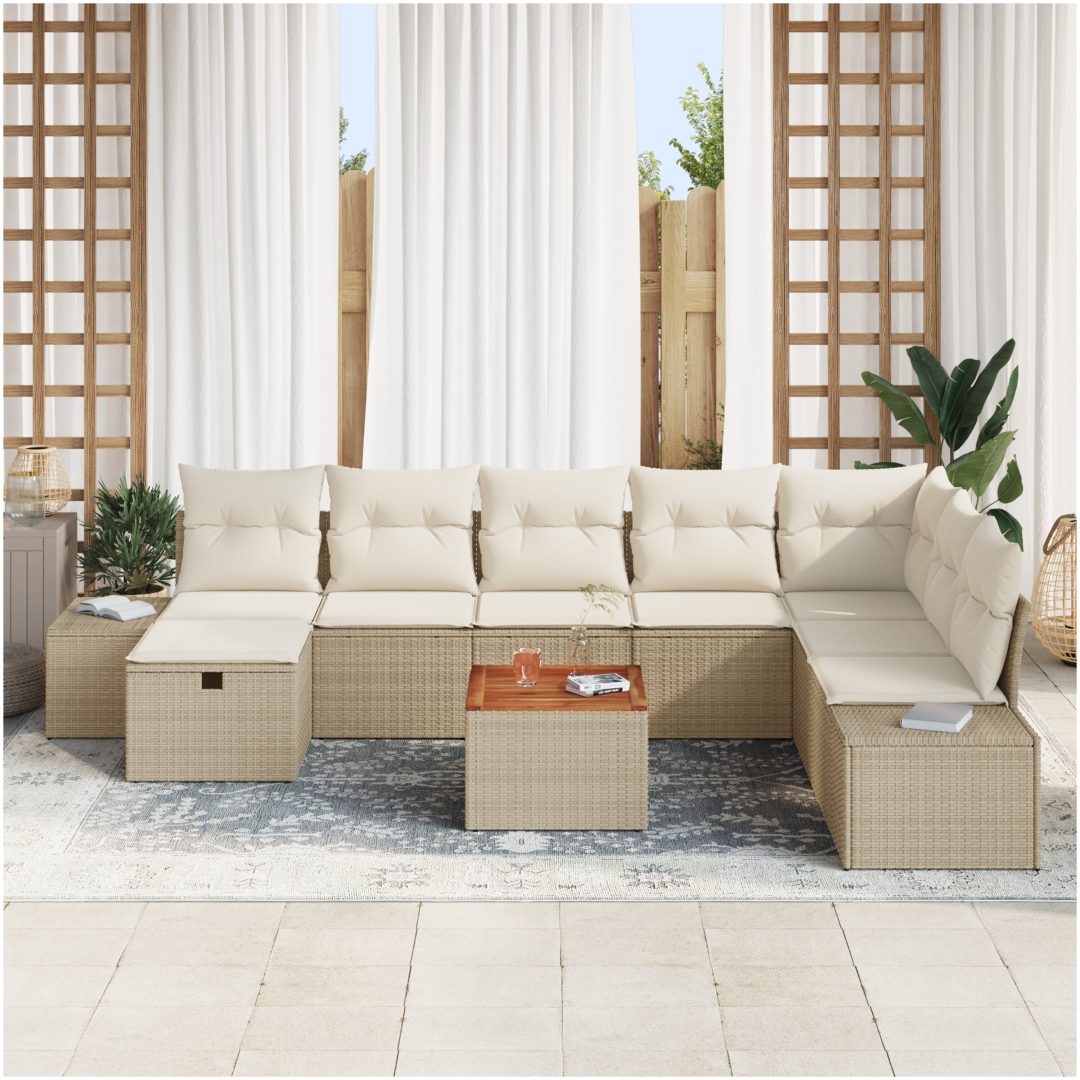 9 Delar Trädgårdsoff-set med Kuddar Beige Poly Rotting vidaXL 55 x 55 x 37 cm – bild 3