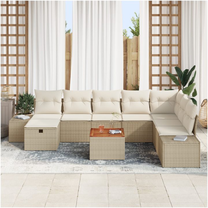 9 Delar Trädgårdsoff-set med Kuddar Beige Poly Rotting vidaXL 55 x 55 x 37 cm – bild 3