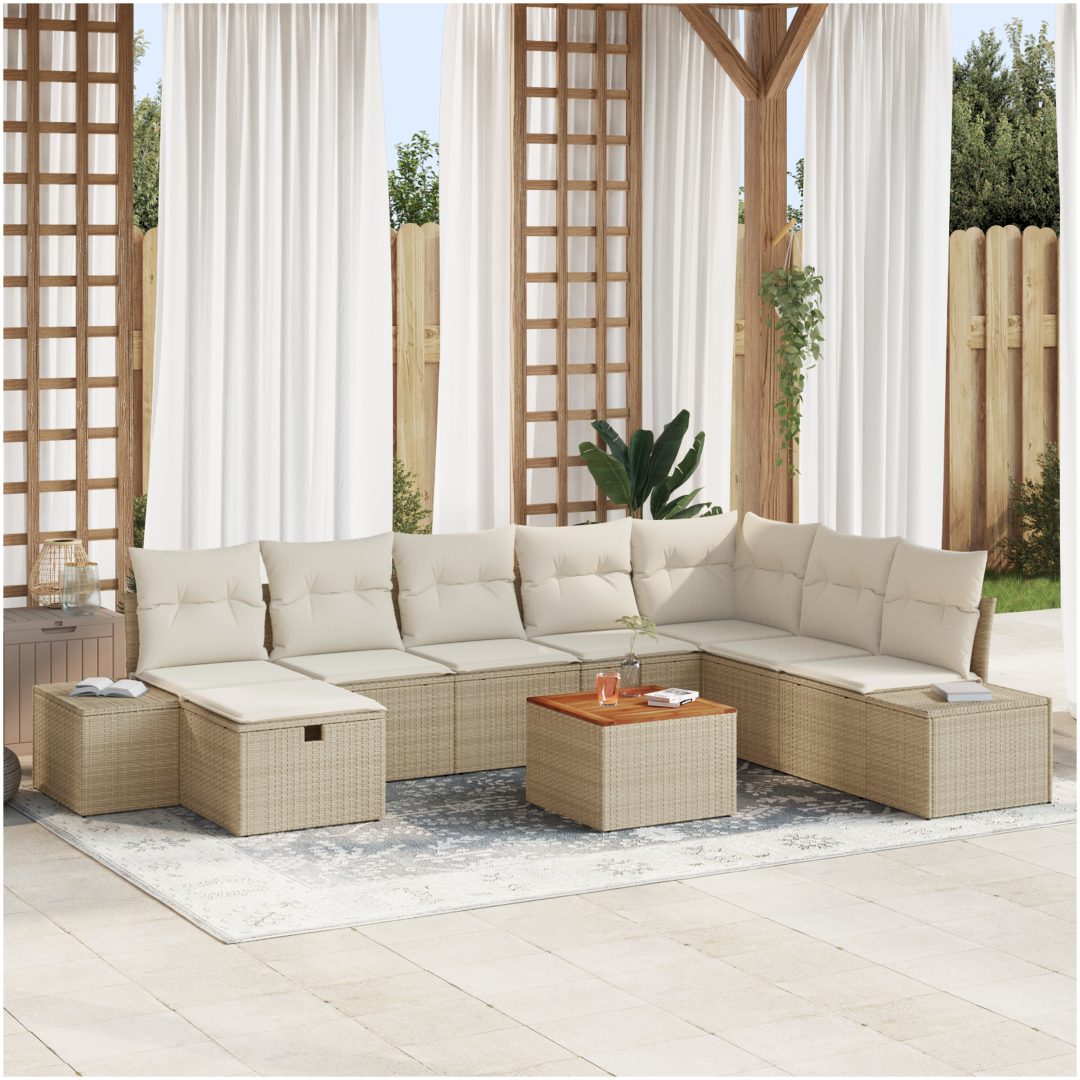 9 Delar Trädgårdsoff-set med Kuddar Beige Poly Rotting vidaXL 55 x 55 x 37 cm