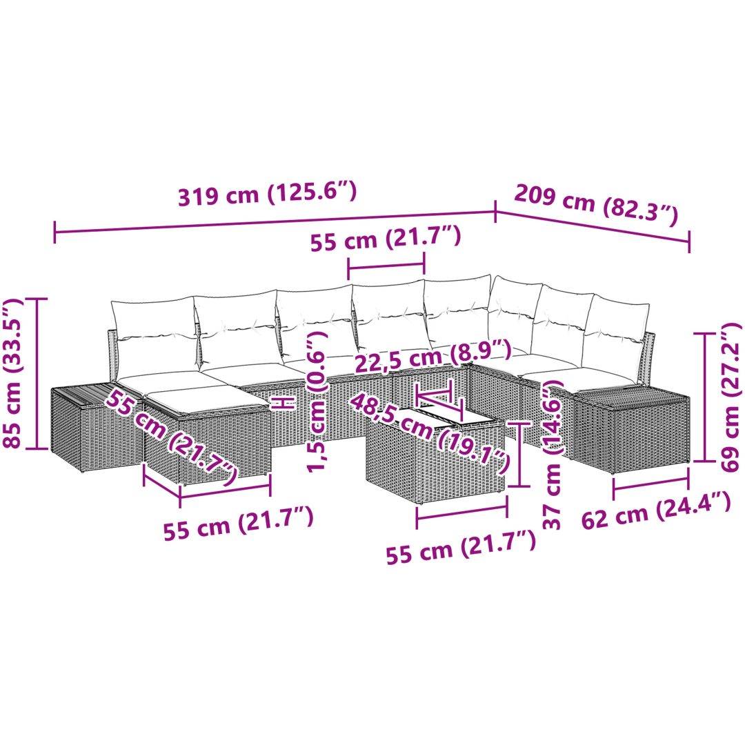 9 delar trädgårdsoff-set med kuddar, grå poly-rattan vidaXL 319 x 209 x 85 cm – bild 10