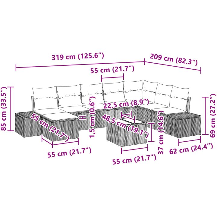 9 delar trädgårdsoff-set med kuddar, grå poly-rattan vidaXL 319 x 209 x 85 cm – bild 10