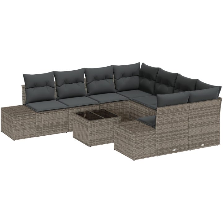 9 Delar Trädgårdsoff Set med Kuddar Grå Poly Rattan vidaXL 55 x 55 x 37 cm – bild 2