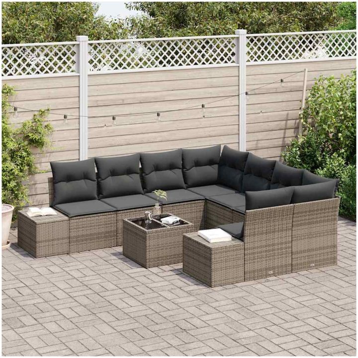 9 Delar Trädgårdsoff Set med Kuddar Grå Poly Rattan vidaXL 55 x 55 x 37 cm – bild 3