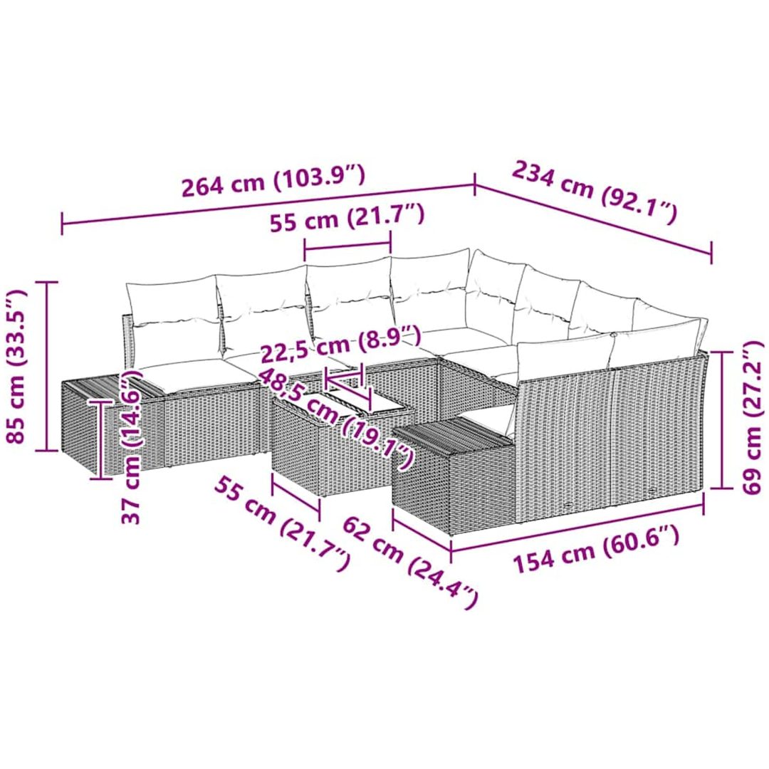 9 Delar Trädgårdsoff Set med Kuddar Grå Poly Rattan vidaXL 55 x 55 x 37 cm – bild 9