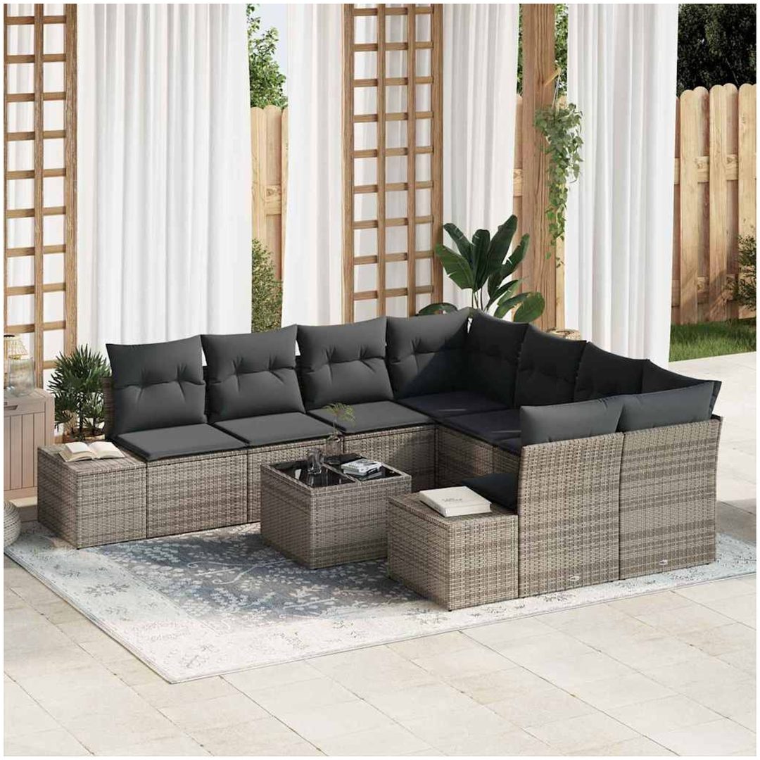 9 Delar Trädgårdsoff Set med Kuddar Grå Poly Rattan vidaXL 55 x 55 x 37 cm