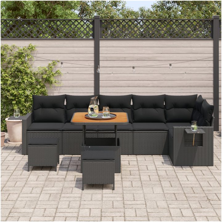 9 Delar Trädgårdsoff Set med Kuddar Svart Poly Rattan Akacia vidaXL Stor – bild 3